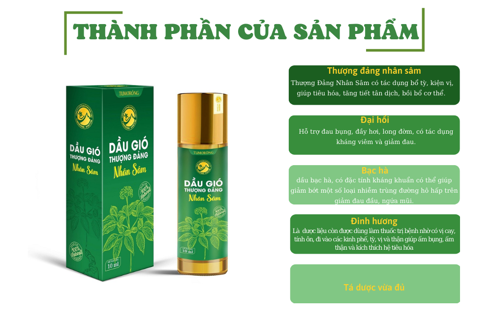 Dầu Gió Nhân Sâm Thượng Đảng Tu Mơ Rông 10ml Từ Sâm Ngọc Linh Kon Tum